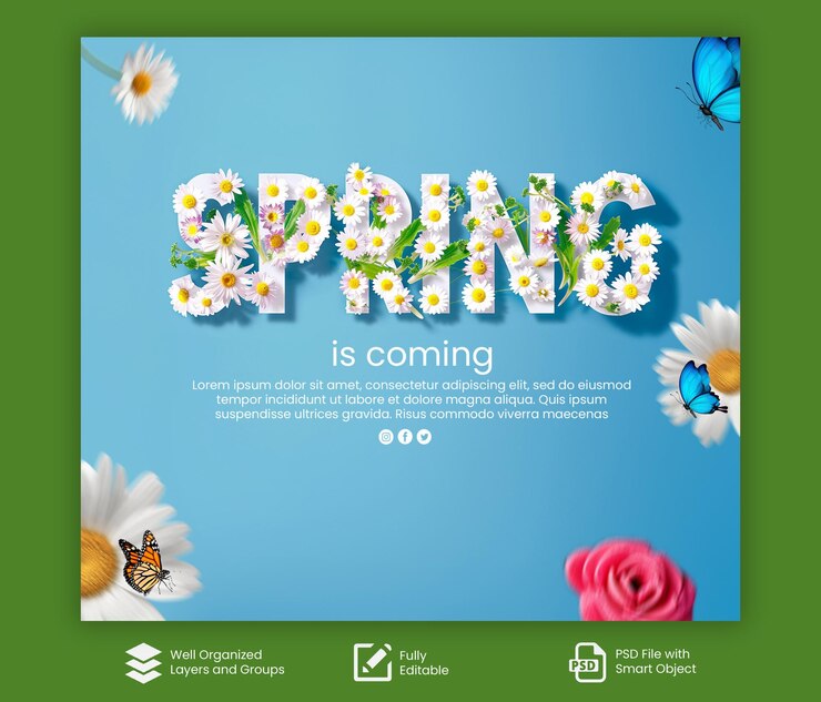 PSD la primavera psd sta arrivando benvenuti alla primavera modello di social media con testo e fiori modificabili
