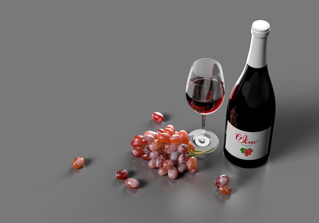 La scena della bottiglia di vino con l'uva e il modello 3d del modello del bicchiere di vino rende.