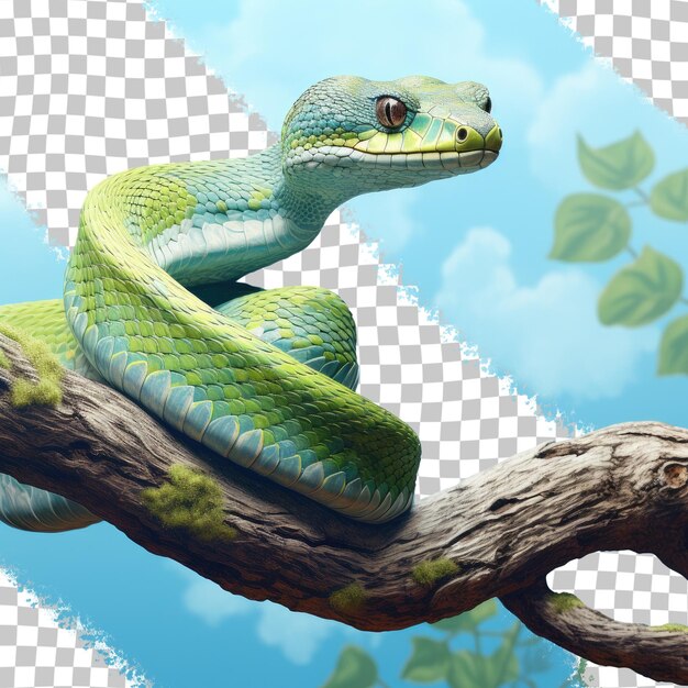 La specie di serpente della vipera Trimeresurus insularis si è appollaiata su uno sfondo trasparente del ramo