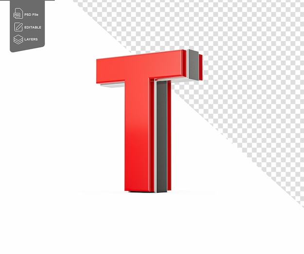 La vivace lettera T a maiuscolo rossa luccica con il suo elegante design carattere audace con bordi affilati illustrazione 3D