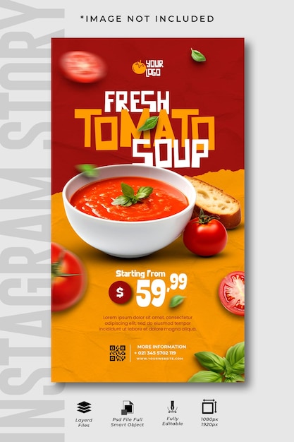 La zuppa di pomodoro fresco viene servita in una ciotola, modello di storia Instagram per social media