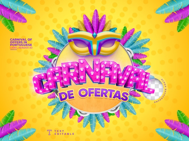 PSD label-karneval von angeboten in brasilien in 3d-rendering mit maske und lichtern auf portugiesisch