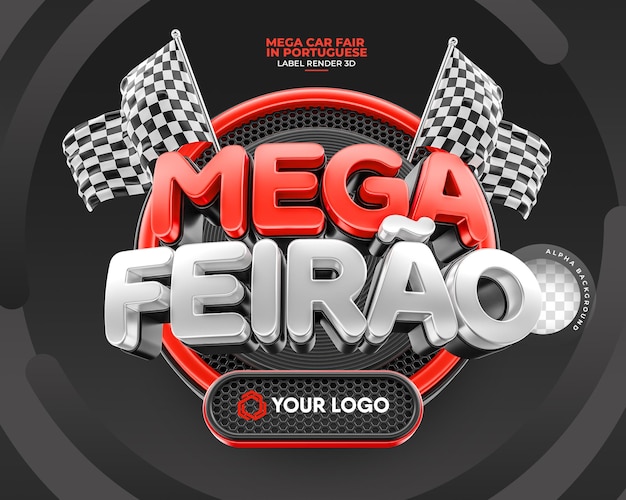 PSD label mega car fair em português renderização 3d para campanha de marketing no brasil