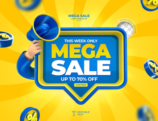 Label Mega Sale bis zu 70 Rabatt auf 3D-Rendering mit Megaphon und Hand im Cartoon-Template-Design