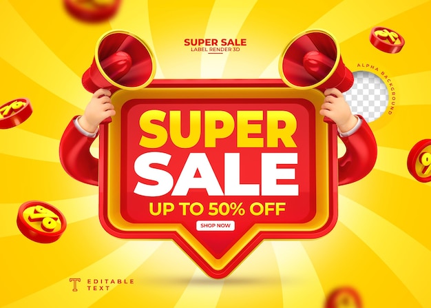 Label Super Sale jusqu'à 50 sur le rendu 3d avec mégaphone et main dans la conception de modèle de dessin animé