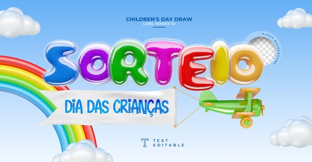 Label tombola childrens day 3d-rendering in brasilien-vorlagendesign auf portugiesisch