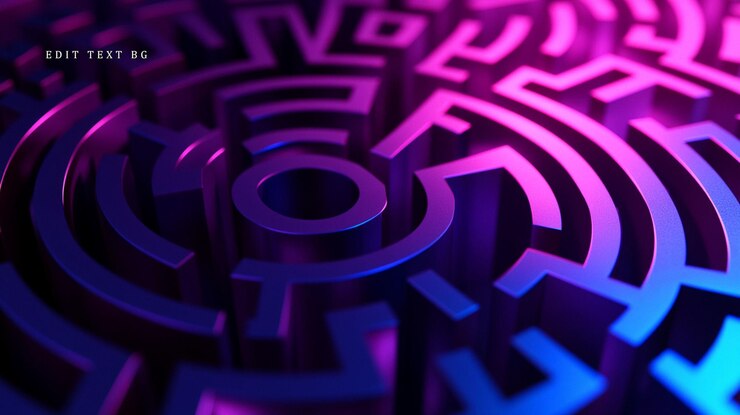 PSD laberinto circular 3d abstracto con iluminación de neón púrpura y azul vibrante