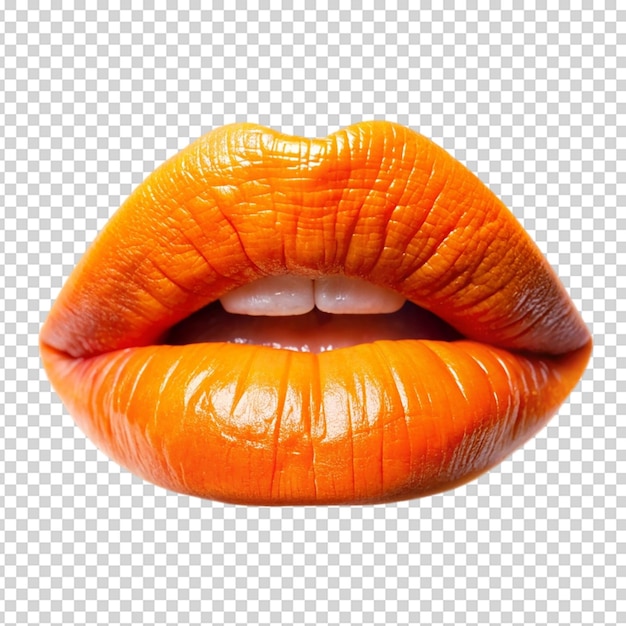 Un labio con lápiz labial naranja aislado sobre un fondo blanco