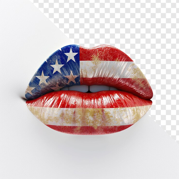 PSD labios brillantes con ilustración 3d de la bandera estadounidense