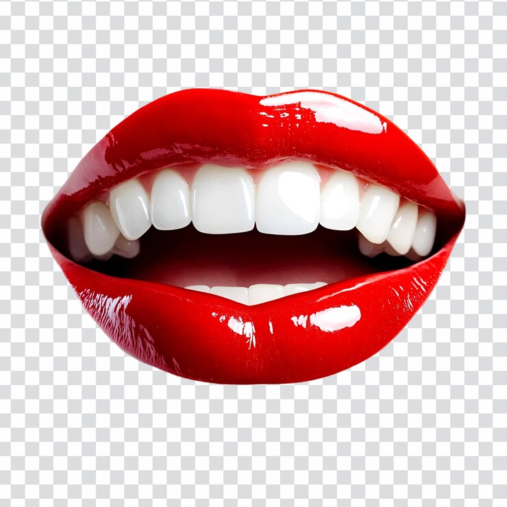 PSD los labios rojos brillantes y los dientes blancos brillantes sonríen