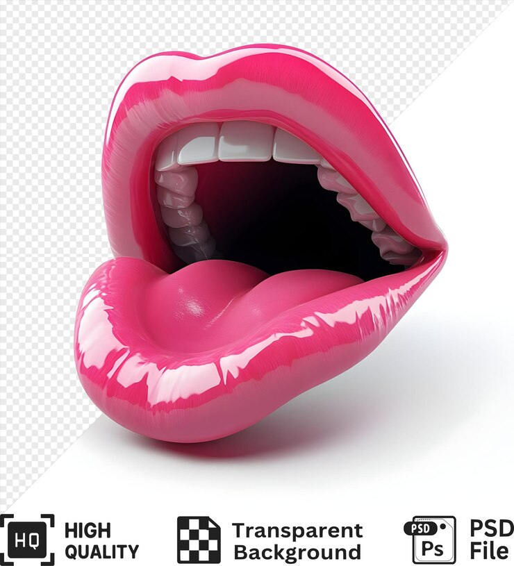 PSD labios rosados brillantes con la lengua afuera aislados en un fondo transparente arte digital en 3d