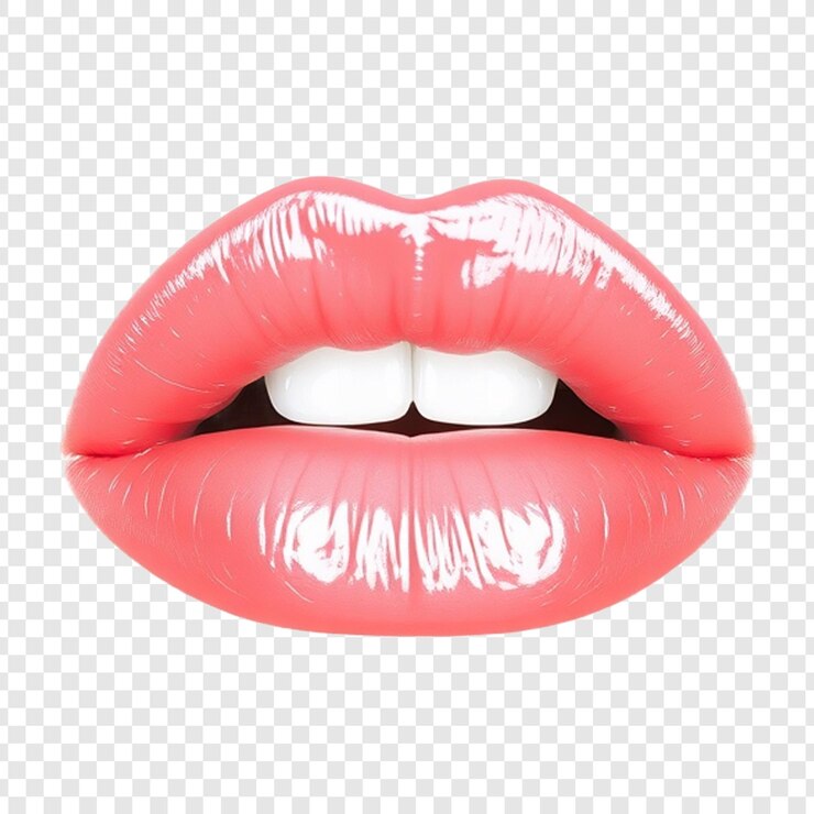 PSD unos labios rosados con un labio blanco y la palabra lápiz labial en él