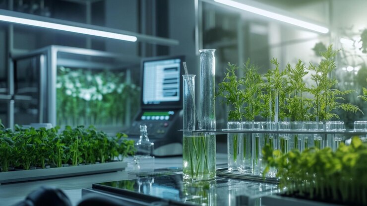 PSD laboratoire moderne avec des plantes qui poussent dans des tubes d'essai et des plateaux équipement scientifique visible