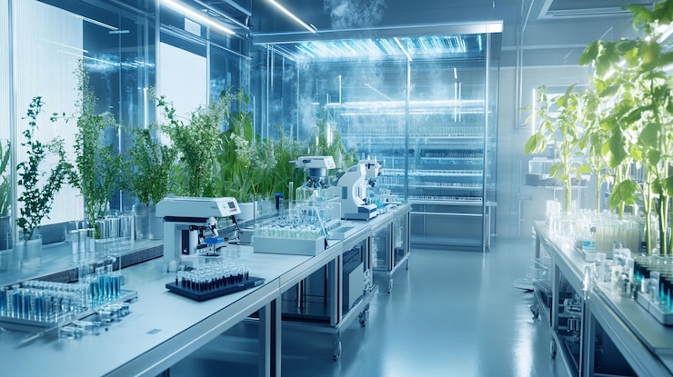 PSD laboratoire moderne de sciences végétales avec équipement, verrerie et culture de plantes dans un environnement contrôlé