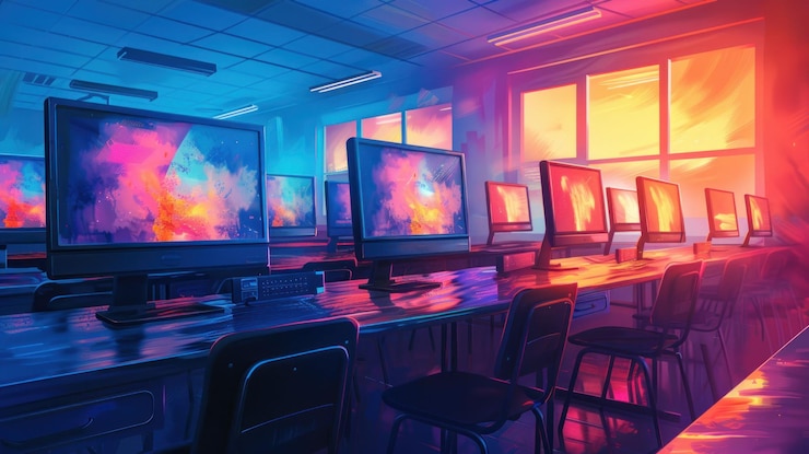 PSD un laboratorio de computadoras vacío con pantallas de colores y una vista de puesta de sol