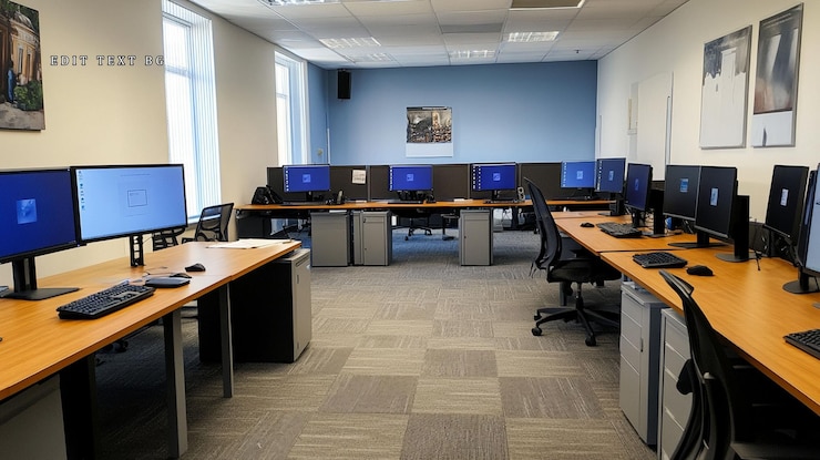 PSD laboratório de computadores moderno com várias estações de trabalho, mesas e monitores