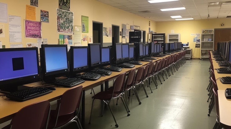 PSD laboratório de informática com várias estações de trabalho para aprendizagem
