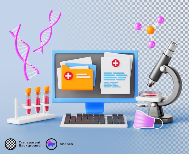 Laboratorio medico 3D posto di lavoro del medico con computer microscopio tubi di sangue paziente record di salute risultato del test molecola di DNA su bg blu ricerca scientifica di laboratorio analisi genetica