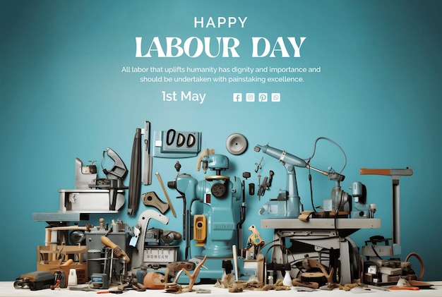 PSD labour day concept montage of tools and machinery on light blue background