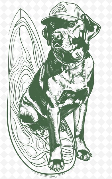 PSD labrador retriever com uma prancha de surf olhando para trás e co animals sketch art vector collections