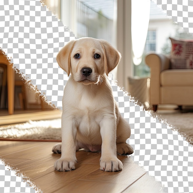 PSD labrador-retriever-hündchen spielt in der wohnung auf durchsichtigem linoleum-hintergrund