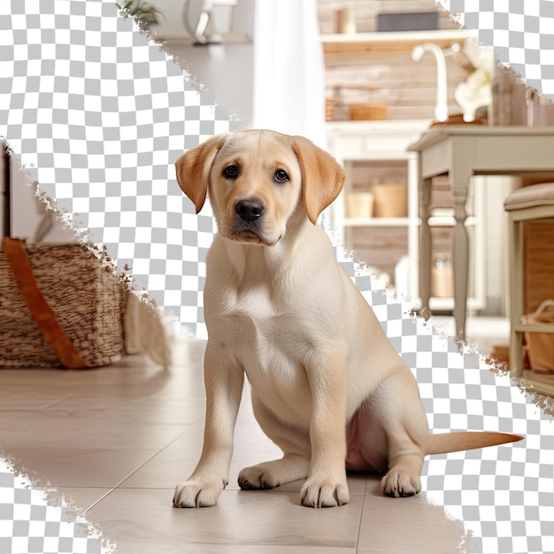 Labrador-Retriever-Hündchen spielt in der Wohnung auf durchsichtigem Linoleum-Hintergrund