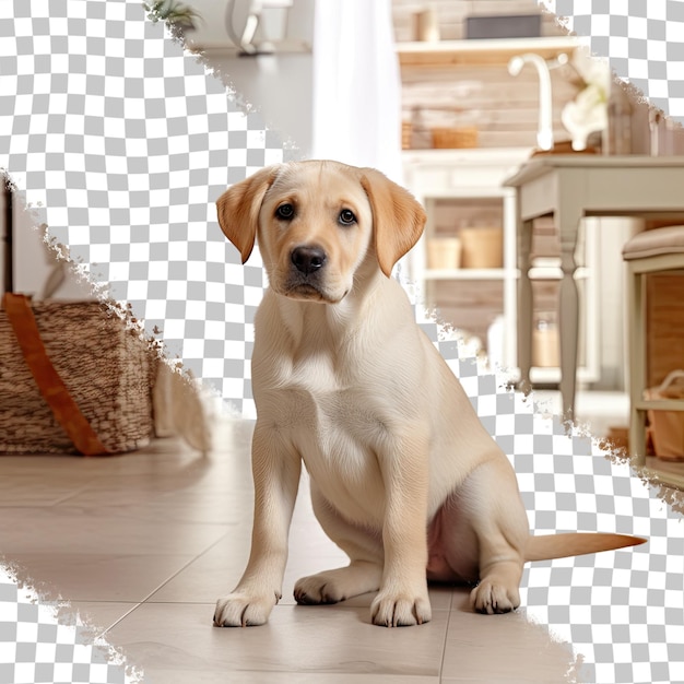 PSD labrador-retriever-hündchen spielt in der wohnung auf durchsichtigem linoleum-hintergrund