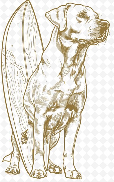 PSD labrador retriever avec une planche de surf qui semble posée en arrière et co animals sketch art vector collections