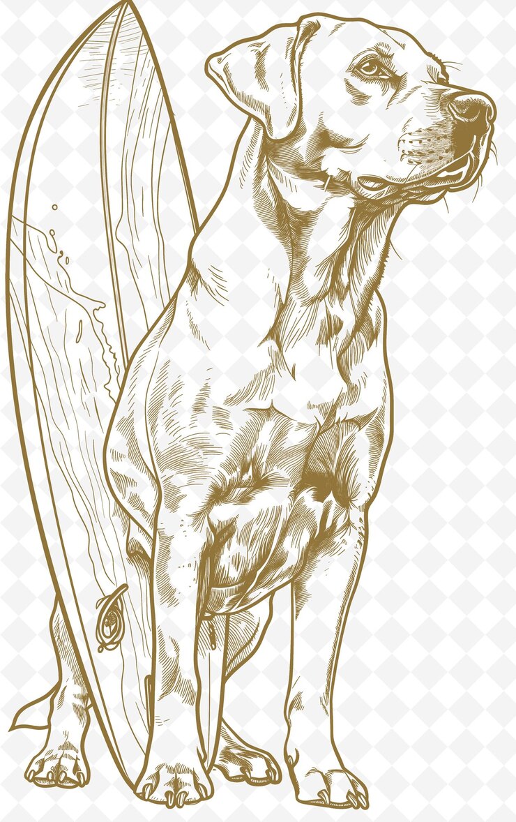 PSD labrador retriever con una tabla de surf mirando hacia atrás y co animales sketch art colecciones vectoriales
