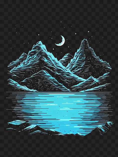 PSD un lac de montagne avec une lune et des étoiles