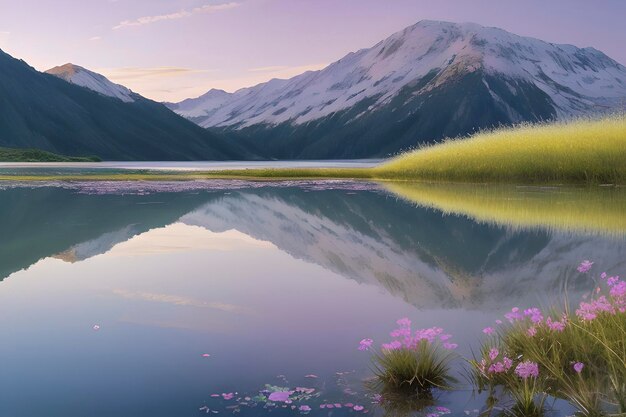 Le lac reflète un ciel pastel baigné de doux roses et de saphirs.