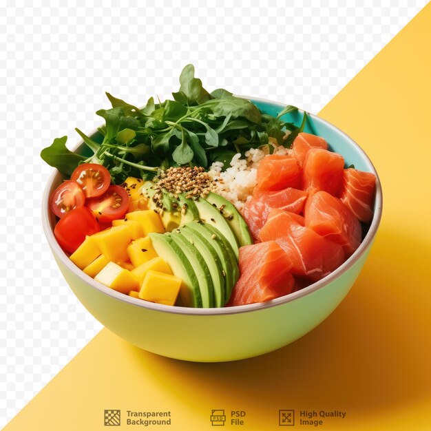 PSD lachs-poke-schüssel mit guacamole, mango, rucola und tomate auf transparentem hintergrund