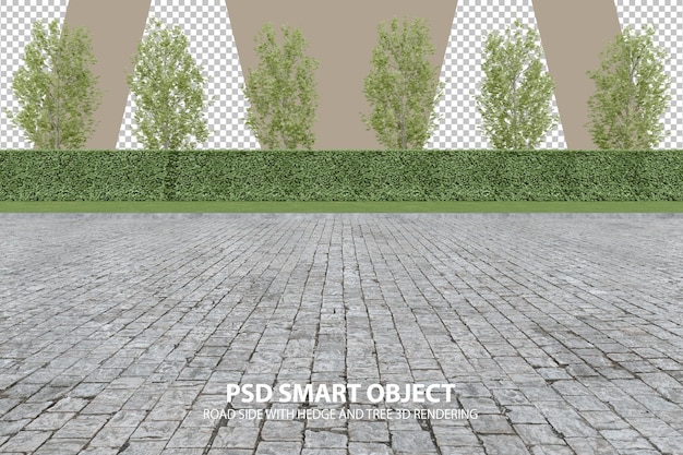 Lado de la carretera realista con setos y árboles representación 3D de objetos aislados