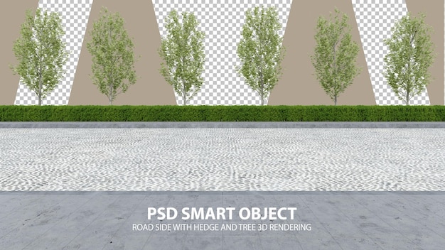 Lado da estrada realista com renderização 3d de hedge e árvore de objetos isolados