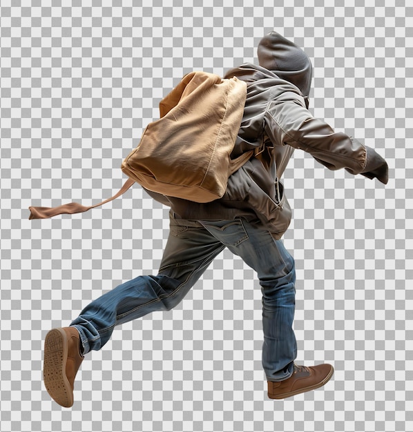 Ladrón llevando una bolsa y huyendo aislado en un fondo transparente