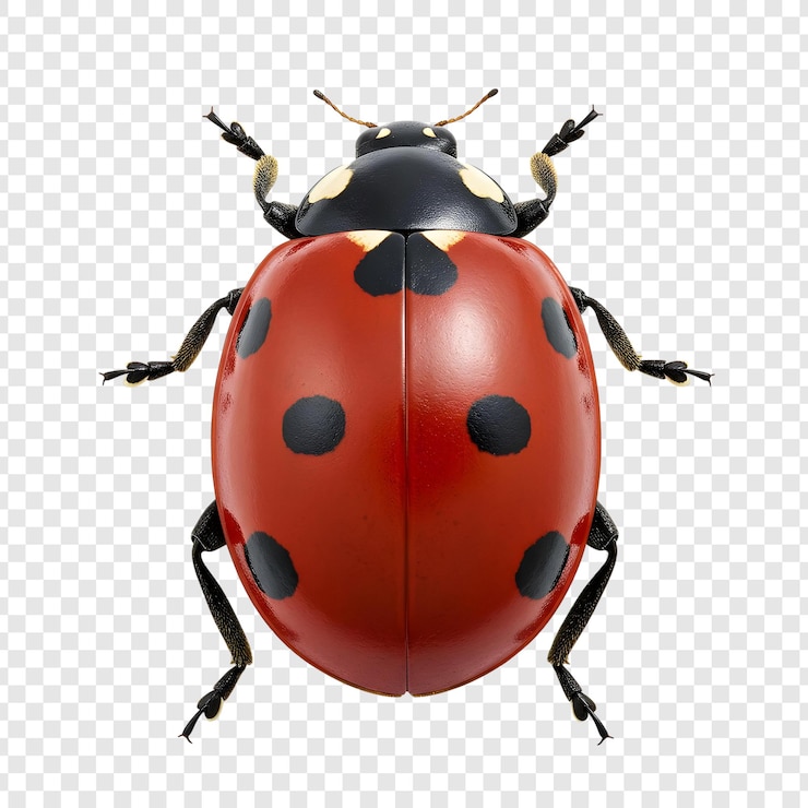 PSD ladybug rossa vibrante con macchie nere isolate su uno sfondo trasparente