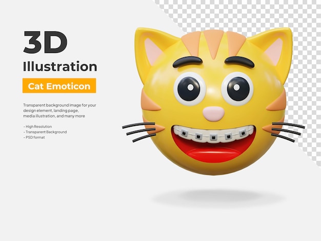 Lächeln mit zahnspange gesichtsausdruck katze emotikon aufkleber 3d-ikonen illustration