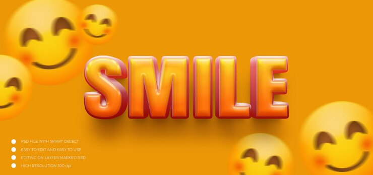 PSD lächeln-symbol im 3d-stil mit bearbeitbarem textstil für den lächeln-texteffekt