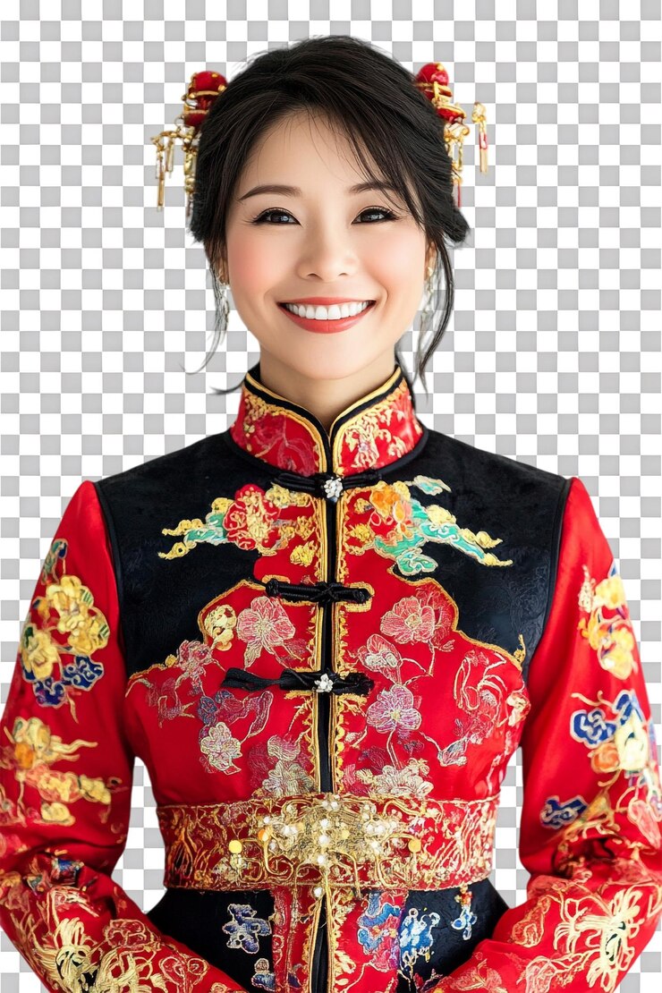 PSD lächelnde chinesin in traditioneller chinesischer kleidung vor durchsichtigem hintergrund