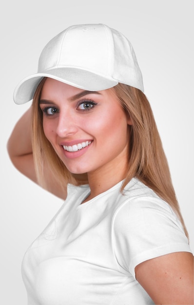Lächelnde Frau in weißem Hut und T-Shirt