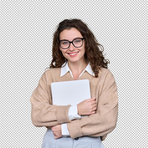 Lächelnde Frau mit Brille hält einen Laptop