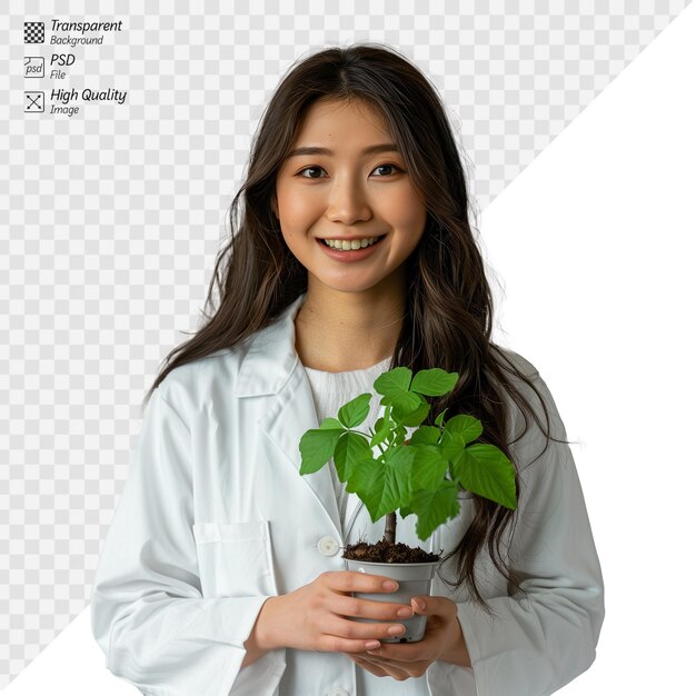PSD lächelnde wissenschaftlerin hält eine grüne pflanze im labor