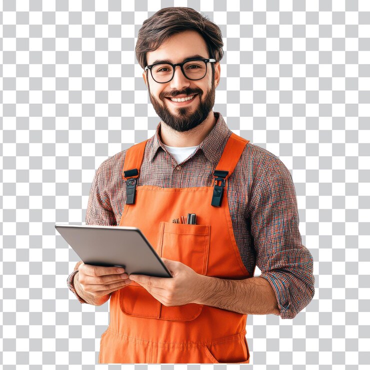 PSD lächelnder junger arbeiter in orangefarbenem overall ideal für bau- und sicherheitsprojekte auf durchsichtigem png-hintergrund
