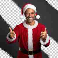 PSD lächelnder mann mittleren alters im weihnachtsmannkostüm posiert mit beiden händen vor einem transparenten hintergrund