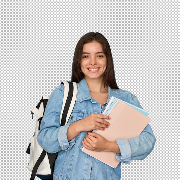Lächelnder Schüler mit Rucksack und Notizbüchern