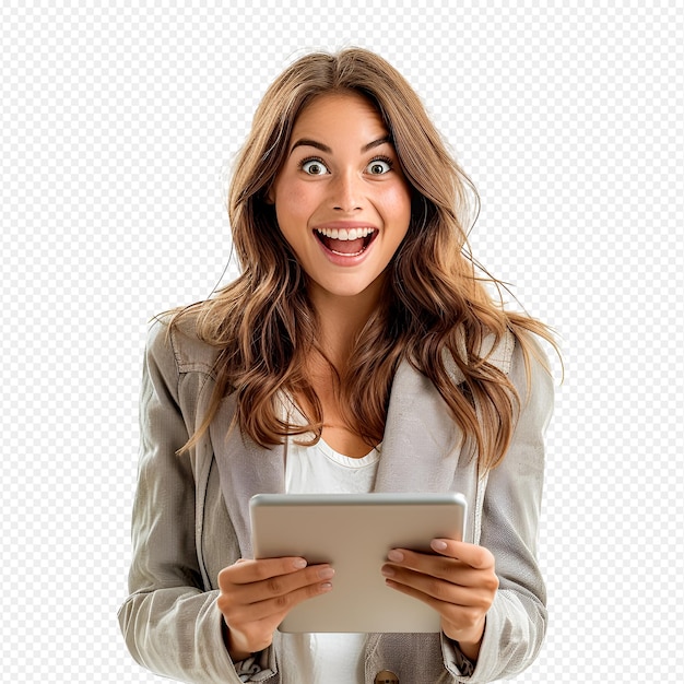 PSD lächelndes mädchen, wenn es nach einem tablet-computer schaut