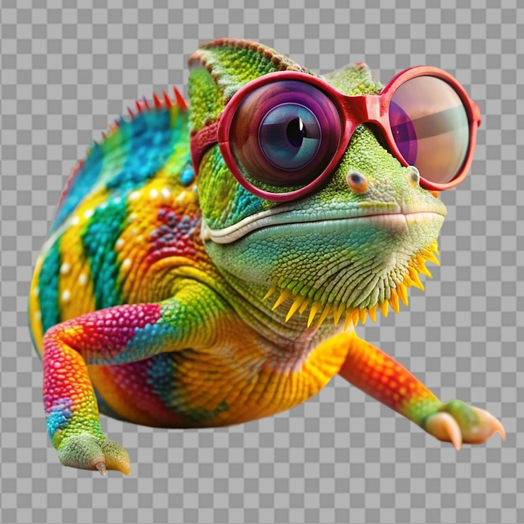 PSD lagarto camaleón colorido con gafas de sol en un fondo transparente