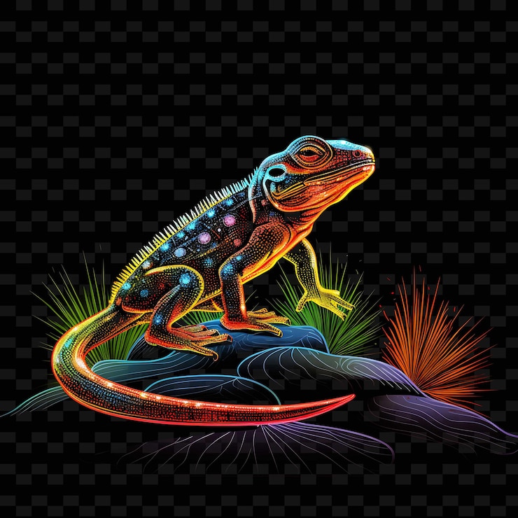 PSD lagarto desierto soleado zigzag líneas de neón cactus cola curva en b png formas y2k artes de luz transparente
