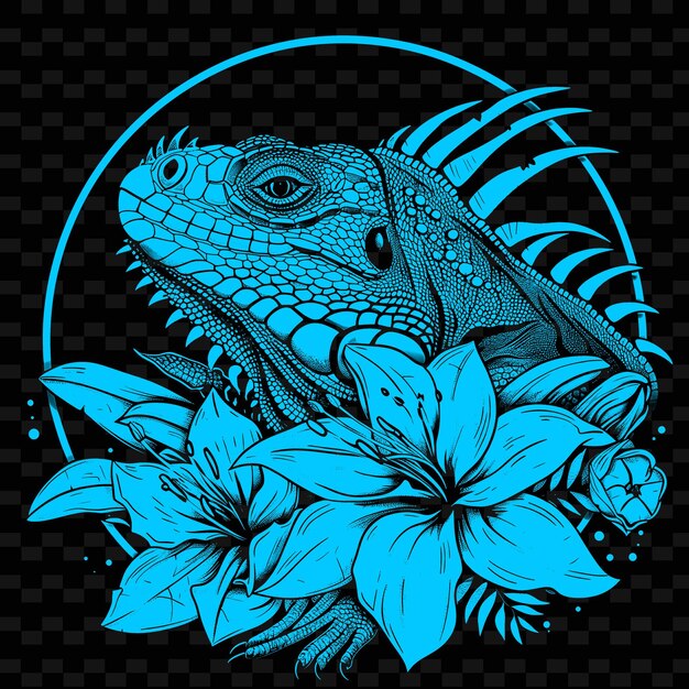 PSD un lagarto con un fondo azul con flores y un círculo azul