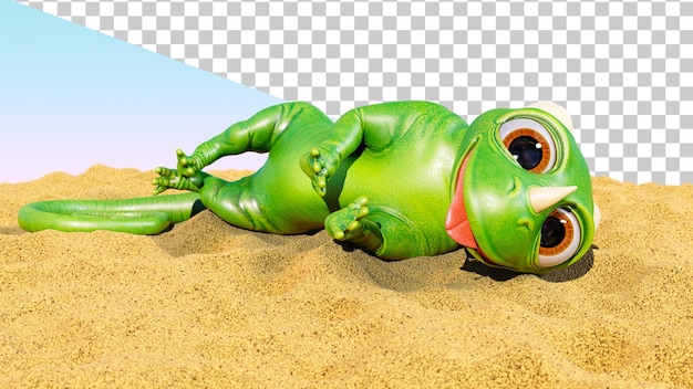 PSD el lagarto gracioso está tendido en una playa de arena el geco lindo o el dragón en una playa tropical renderizado en 3d